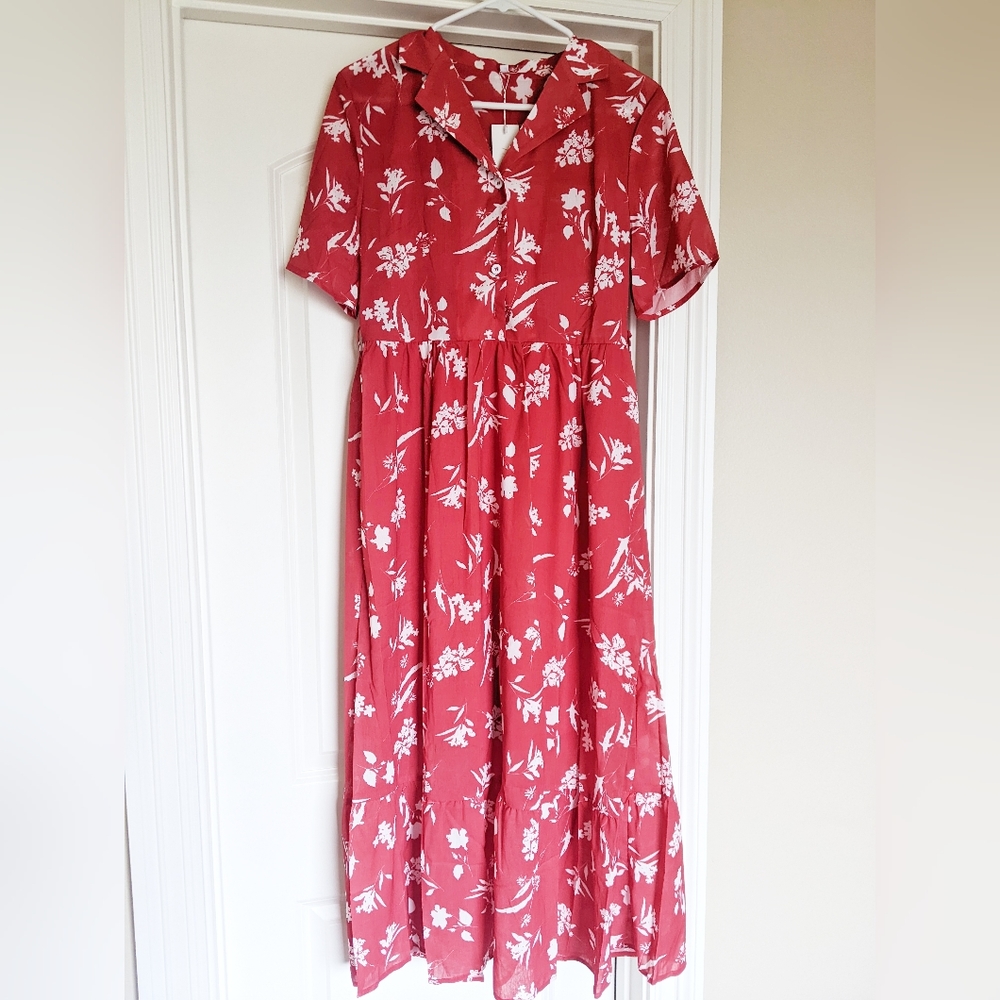 Red and white floral button up dress. NWT